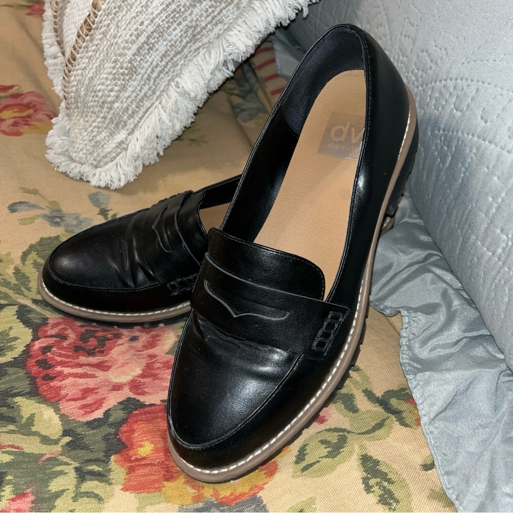 DV by Dolce Vita Black Leather Penny Loafers with Contrast Sole